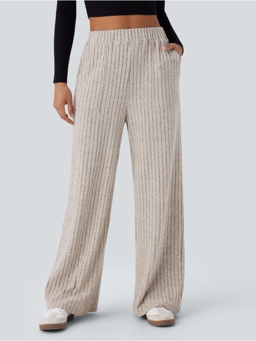 NWT Halara Ribbed Knit High Waisted Pockets Wide Leg Casual Pants